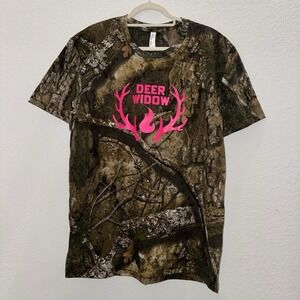 Deer Widow Camo Hunting T-Shirt Women's Realtree Style Pink Antlers Tee Sz S & L